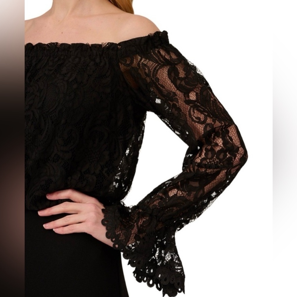 Adrianna Papell Off the Shoulder Lace Sleeve Jumpsuit Black Size 4 Formal Event - Picture 2 of 9